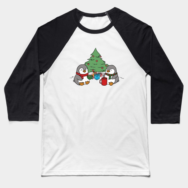 Christmas Penguins Enjoying Hot Cocoa with Christmas Tree v3 Baseball T-Shirt by Elizabeths-Arts
